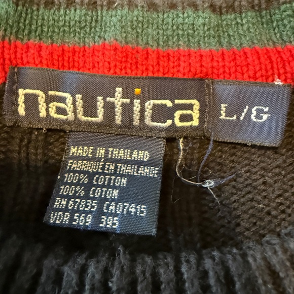 Vintage Nautica Cable Knit Sweater L Black 100% Cotton 90s Logo Crewneck - Picture 10 of 13
